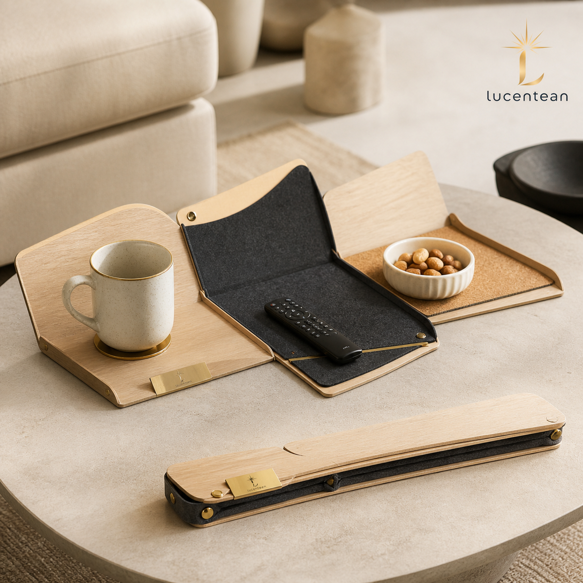 Lucentean™ Quietfold Coffee Surface — Modular Tabletop Rest